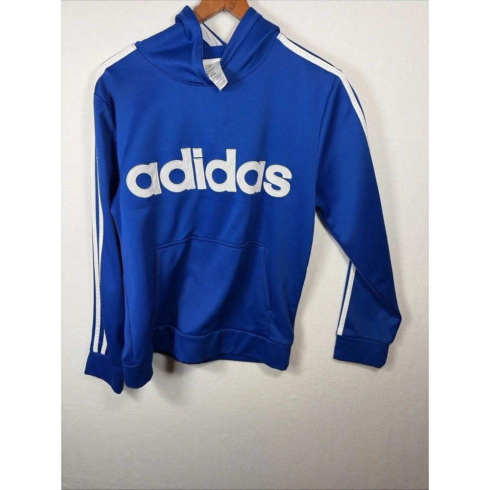 Adidas Hoodie Sweatshirt Pullover Youth Large 14/16 Blue White 3 stripes Gym
